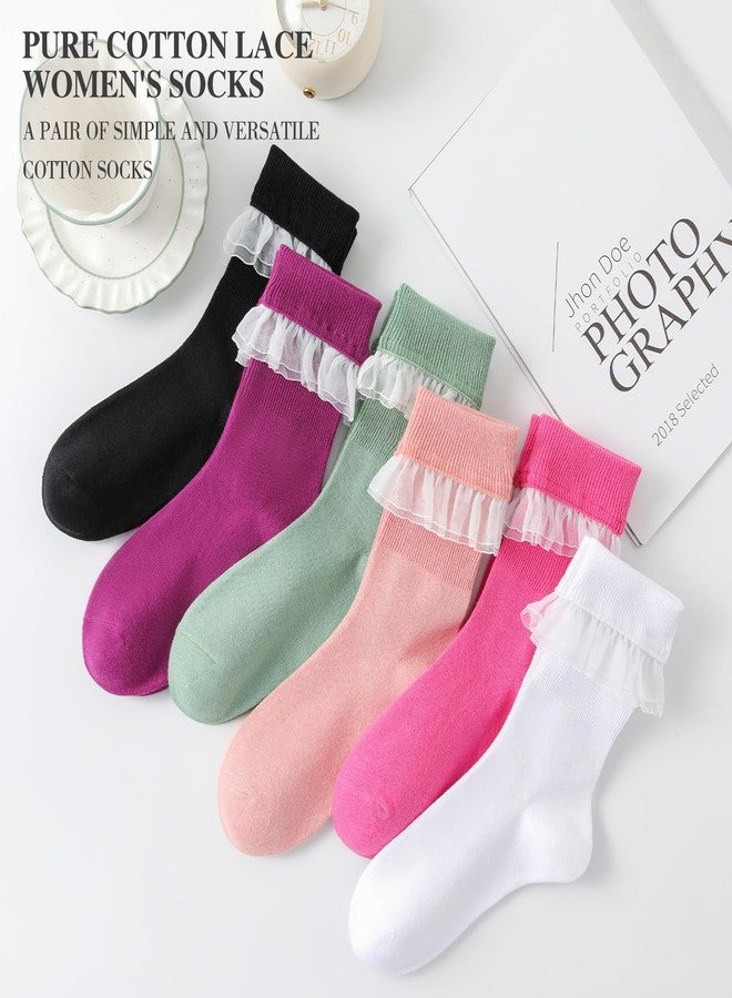 AMHRLINGTO Lace Ruffle Frilly Socks for Women - Fashion Cotton Princess Socks Dress Socks (White-1 Pairs) - Image 5